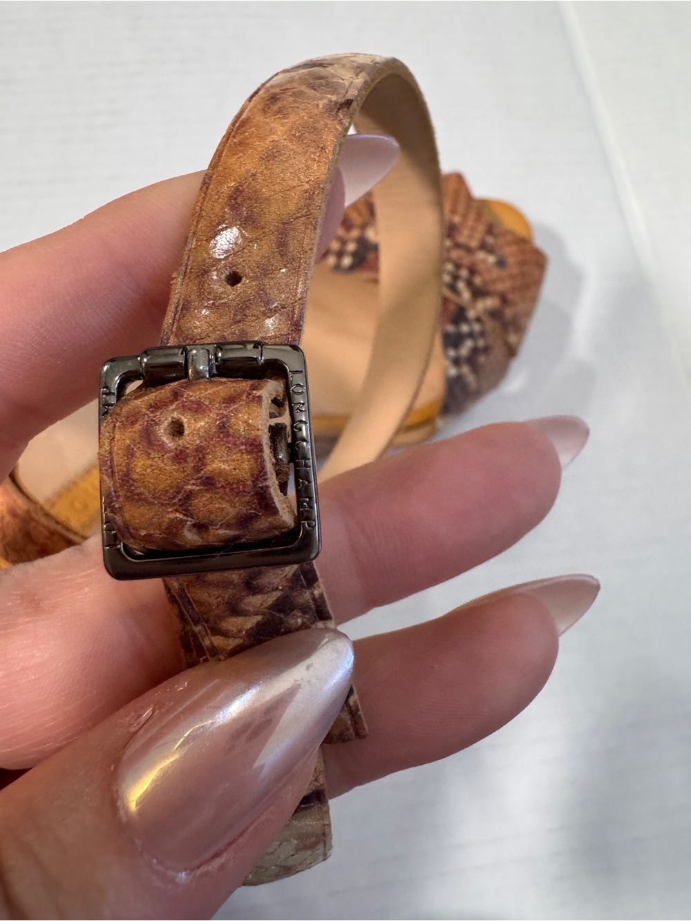 Longchamp Tan Brown Snake Print Leather Wedge Sandals Womans 6.5 Peep Toe Luxury - Picture 9 of 12